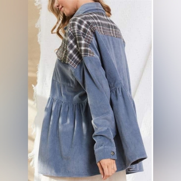 Ces Femme Blue Plaid Contrast Ribbed Oversized Jacket Shacket Baggy Top Shirt - Picture 6 of 12
